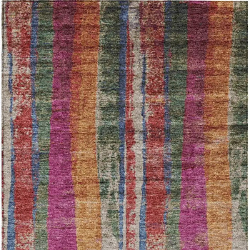 Beige Orange And Fern Green Striped Washable Indoor Outdoor Area Rug Photo 1