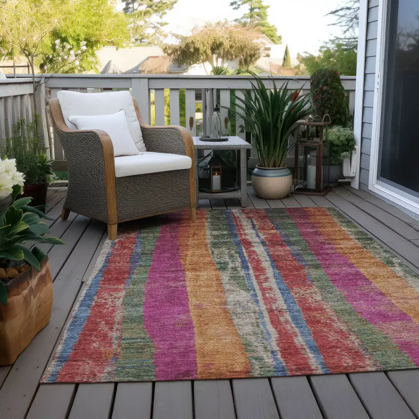 Beige Orange And Fern Green Striped Washable Indoor Outdoor Area Rug Photo 5