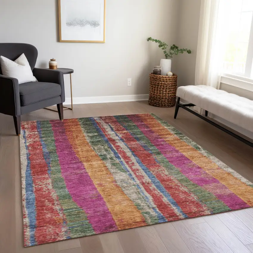 Beige Orange And Fern Green Striped Washable Indoor Outdoor Area Rug Photo 7