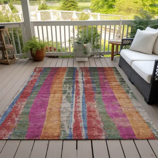 Beige Orange And Fern Green Striped Washable Indoor Outdoor Area Rug Photo 8