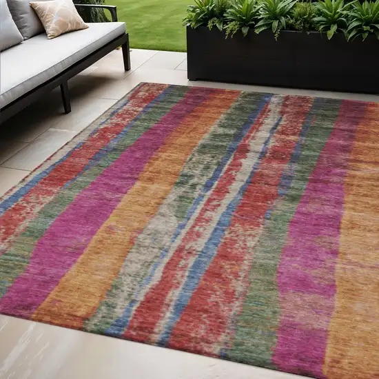 Beige Orange And Fern Green Striped Washable Indoor Outdoor Area Rug Photo 2