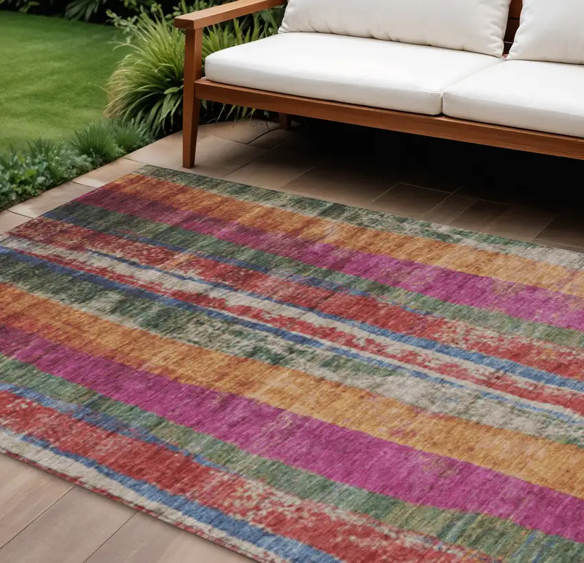 Beige Orange And Fern Green Striped Washable Indoor Outdoor Area Rug Photo 2