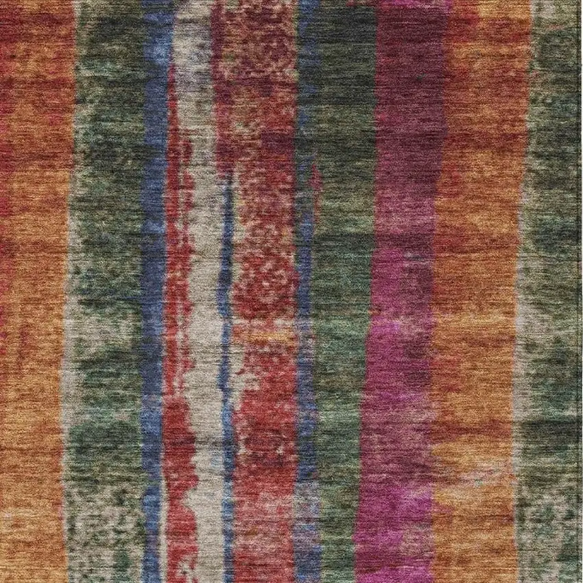 Beige Orange And Fern Green Striped Washable Indoor Outdoor Area Rug Photo 3