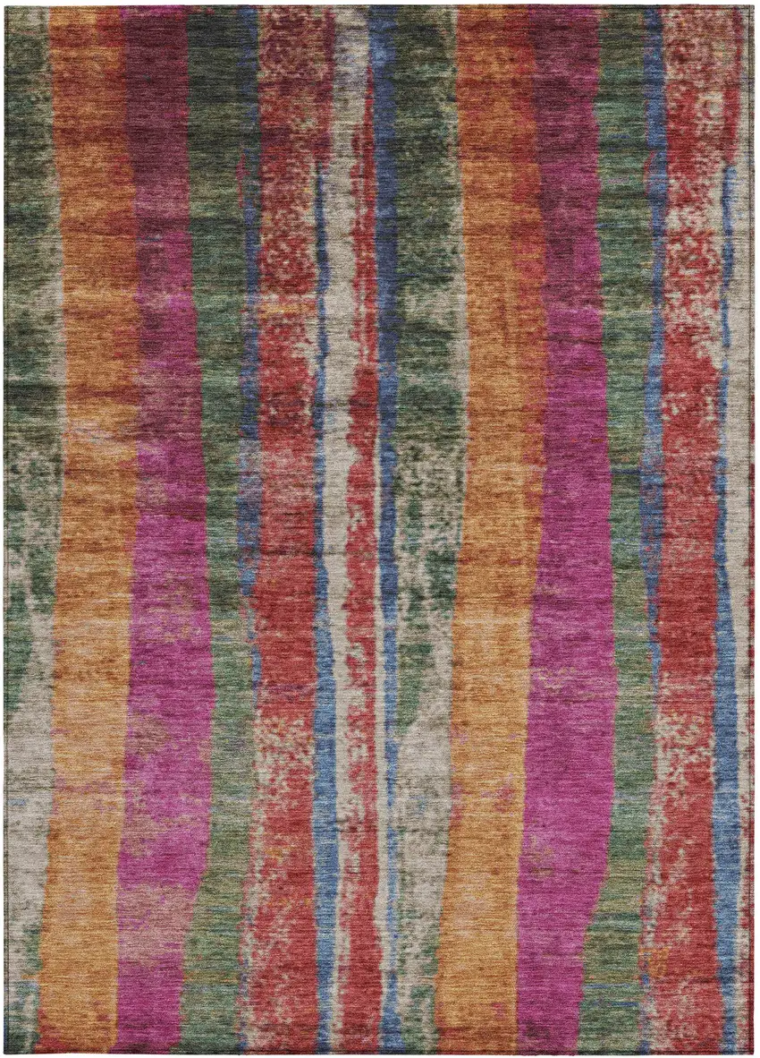 Beige Orange And Fern Green Striped Washable Indoor Outdoor Area Rug Photo 9