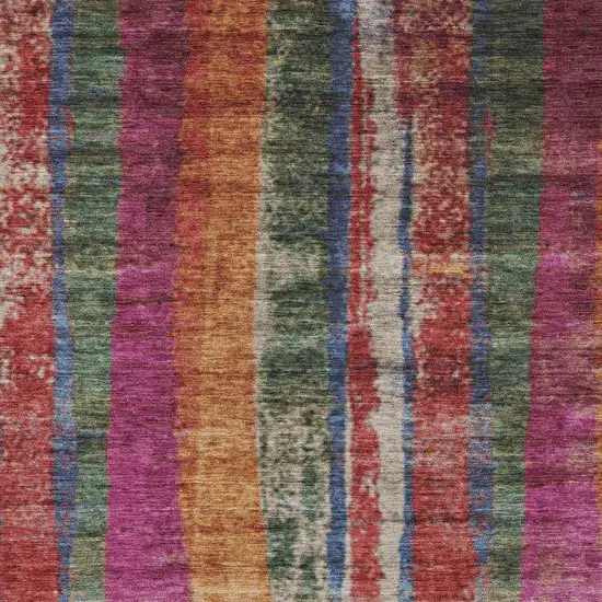 Beige Orange And Fern Green Striped Washable Indoor Outdoor Area Rug Photo 1