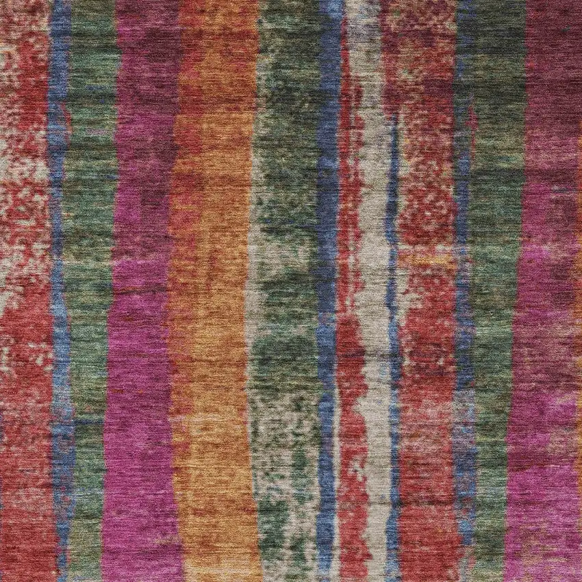 Beige Orange And Fern Green Striped Washable Indoor Outdoor Area Rug Photo 1