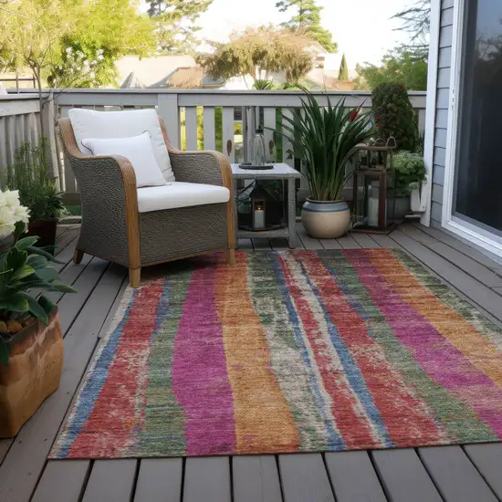 Beige Orange And Fern Green Striped Washable Indoor Outdoor Area Rug Photo 4