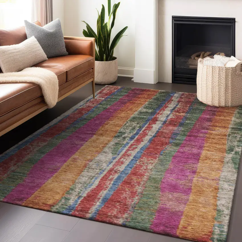 Beige Orange And Fern Green Striped Washable Indoor Outdoor Area Rug Photo 5