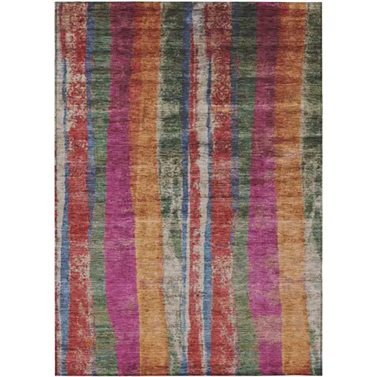 Beige Orange And Fern Green Striped Washable Indoor Outdoor Area Rug Photo 8