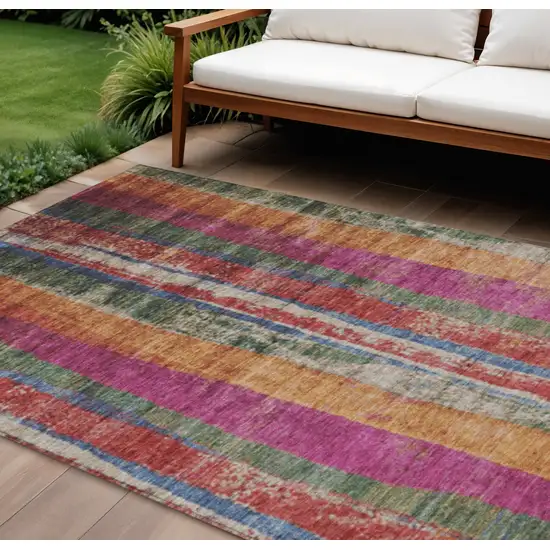 Beige Orange And Fern Green Striped Washable Indoor Outdoor Area Rug Photo 2