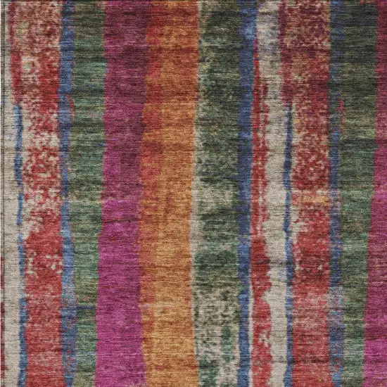 Beige Orange And Fern Green Striped Washable Indoor Outdoor Area Rug Photo 1