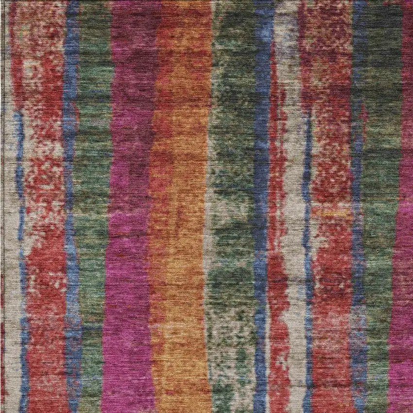 Beige Orange And Fern Green Striped Washable Indoor Outdoor Area Rug Photo 1