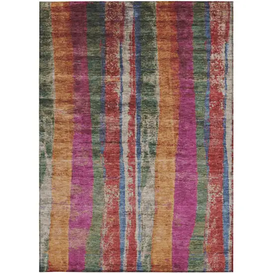 Beige Orange And Fern Green Striped Washable Indoor Outdoor Area Rug Photo 9