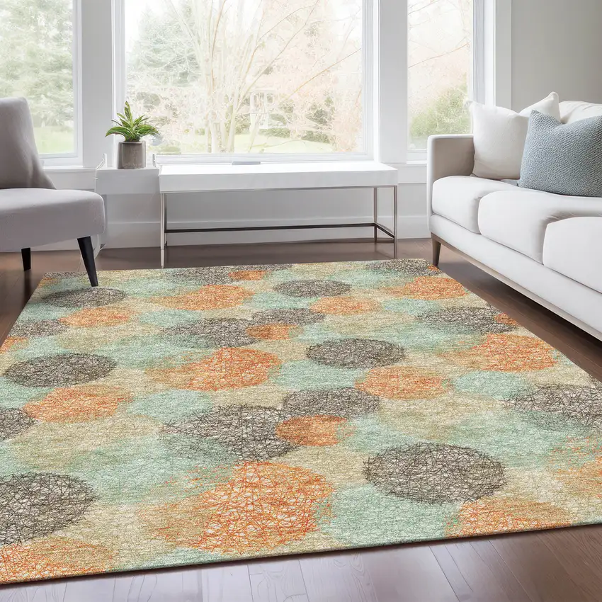 Beige Orange And Ivory Abstract Washable Area Rug With UV Protection Photo 5