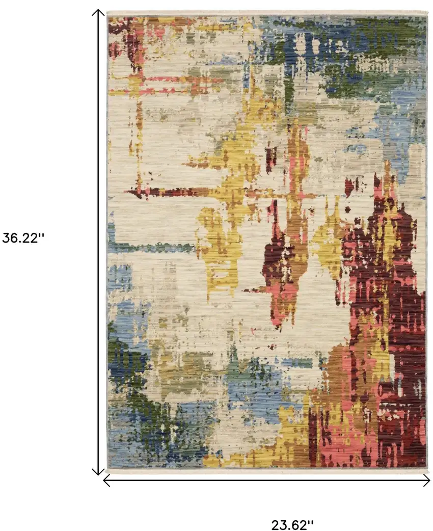 Beige Orange And Red Abstract Area Rug With Fringe Photo 3