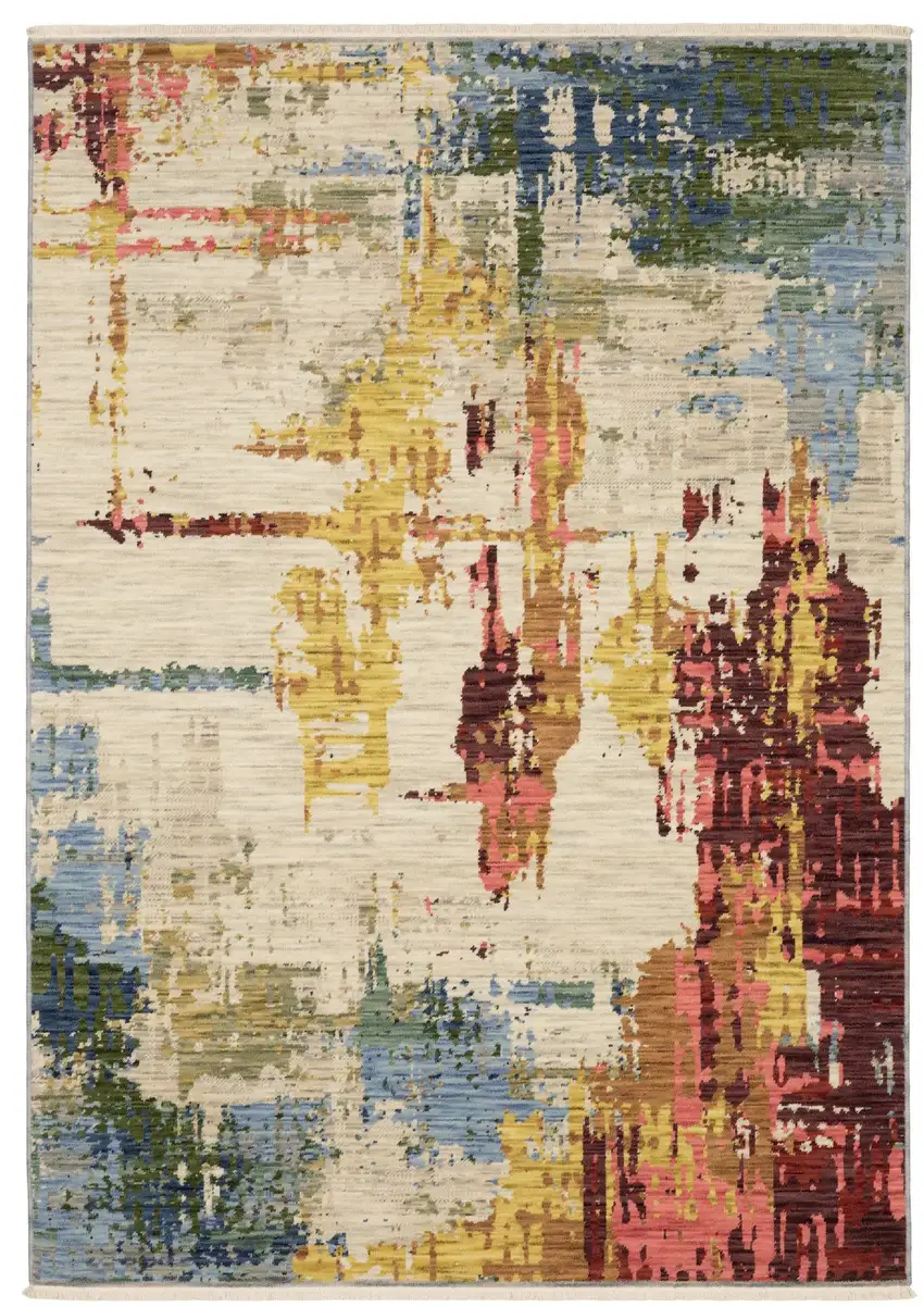 Beige Orange And Red Abstract Area Rug With Fringe Photo 2
