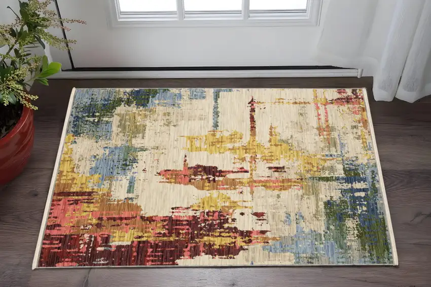 Beige Orange And Red Abstract Area Rug With Fringe Photo 1