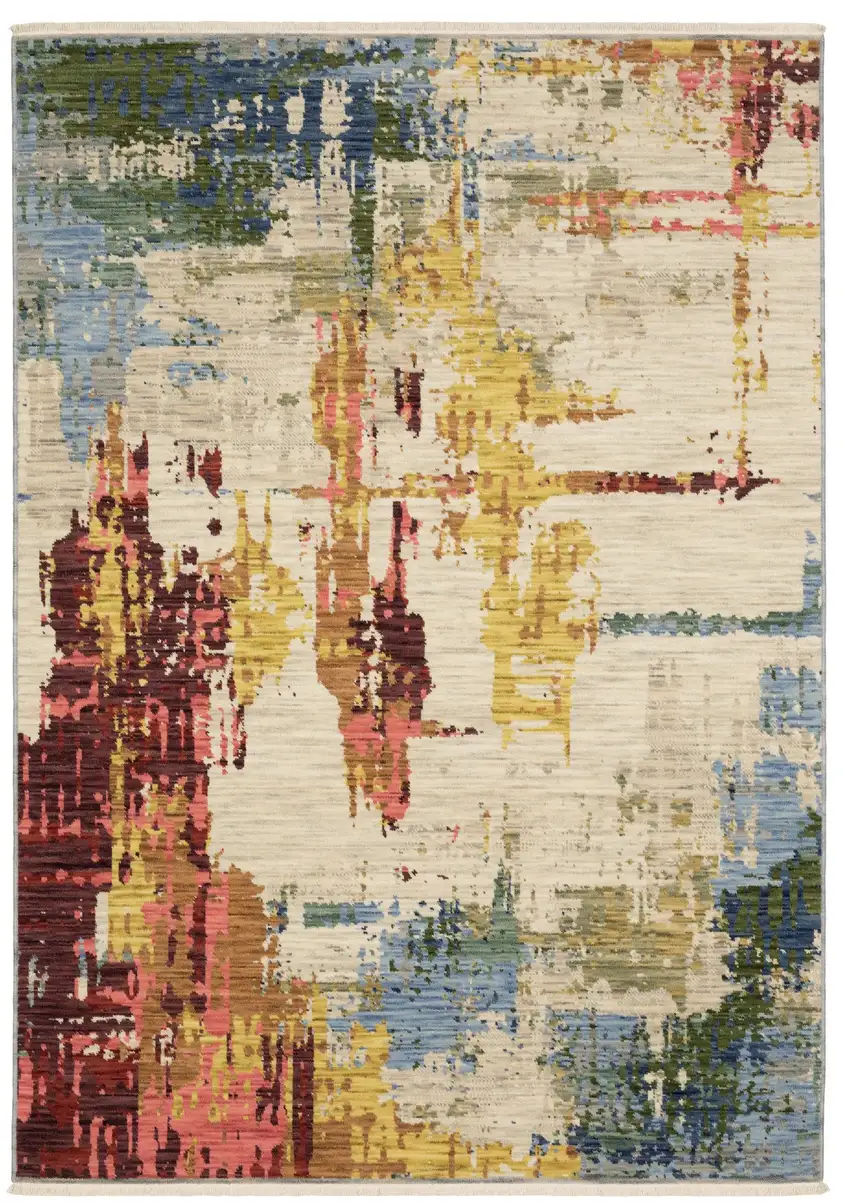 Beige Orange And Red Abstract Area Rug With Fringe Photo 6