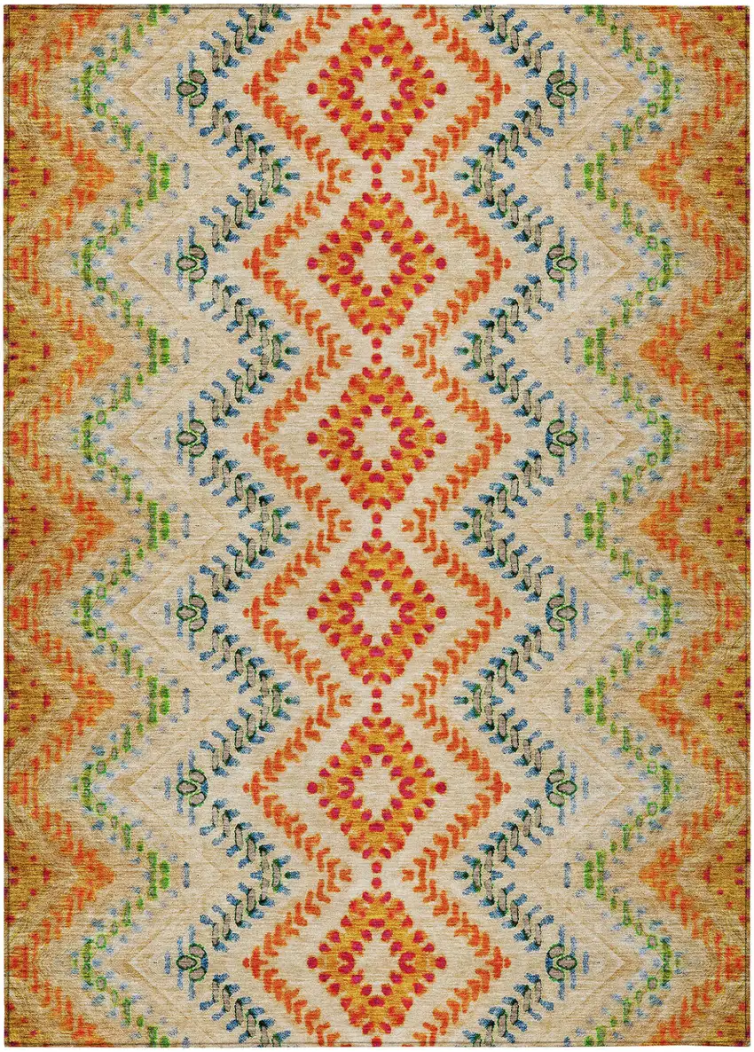 Beige Orange And Red Geometric Washable Indoor Outdoor Area Rug Photo 2