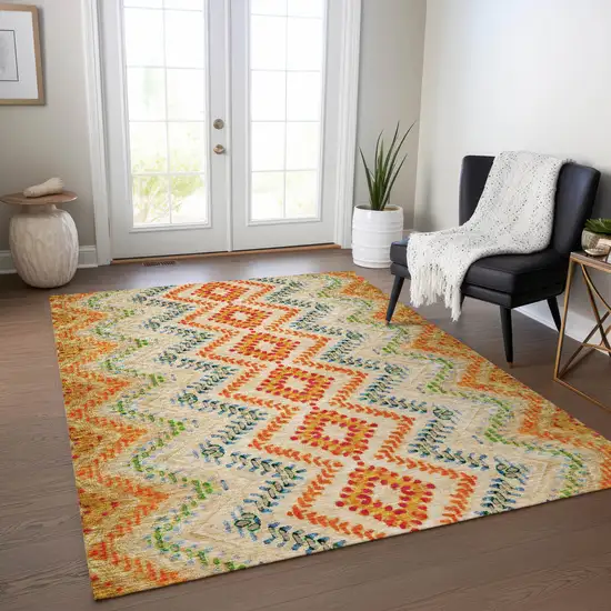 Beige Orange And Red Geometric Washable Indoor Outdoor Area Rug Photo 9