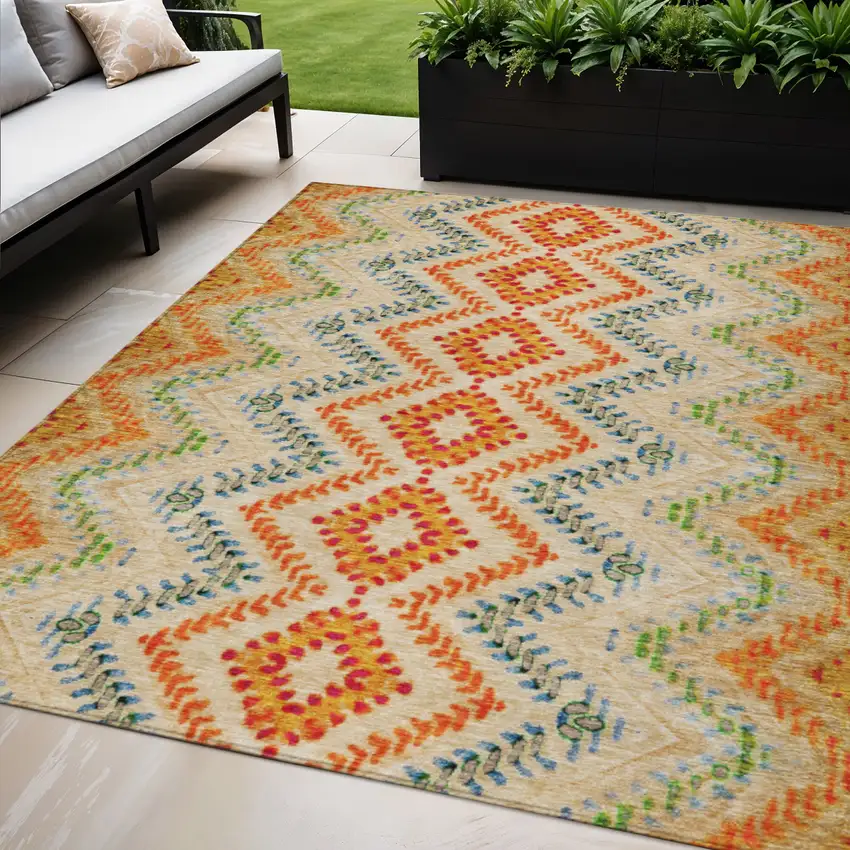 Beige Orange And Red Geometric Washable Indoor Outdoor Area Rug Photo 1