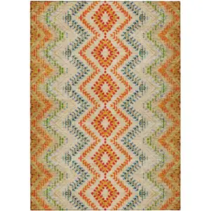 Photo of Beige Orange And Red Geometric Washable Indoor Outdoor Area Rug
