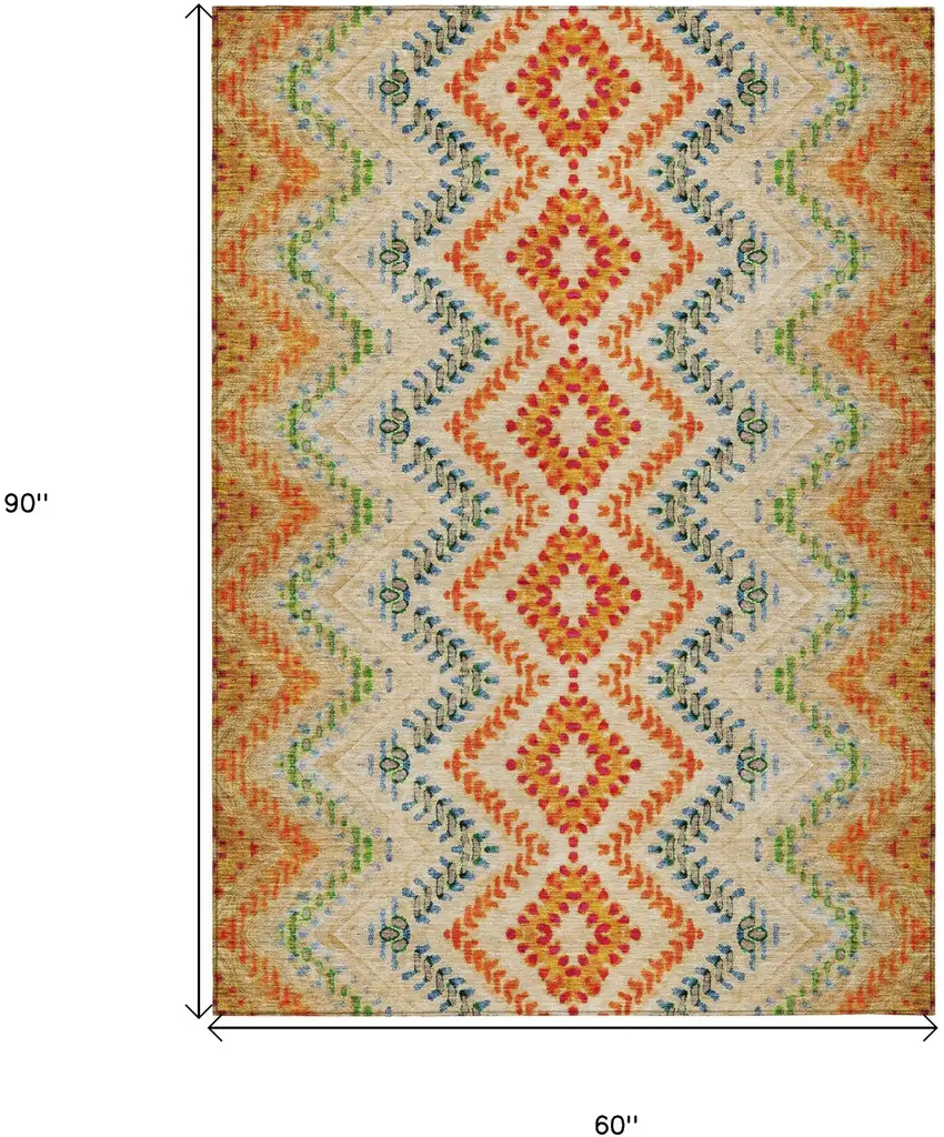 Beige Orange And Red Geometric Washable Indoor Outdoor Area Rug Photo 3