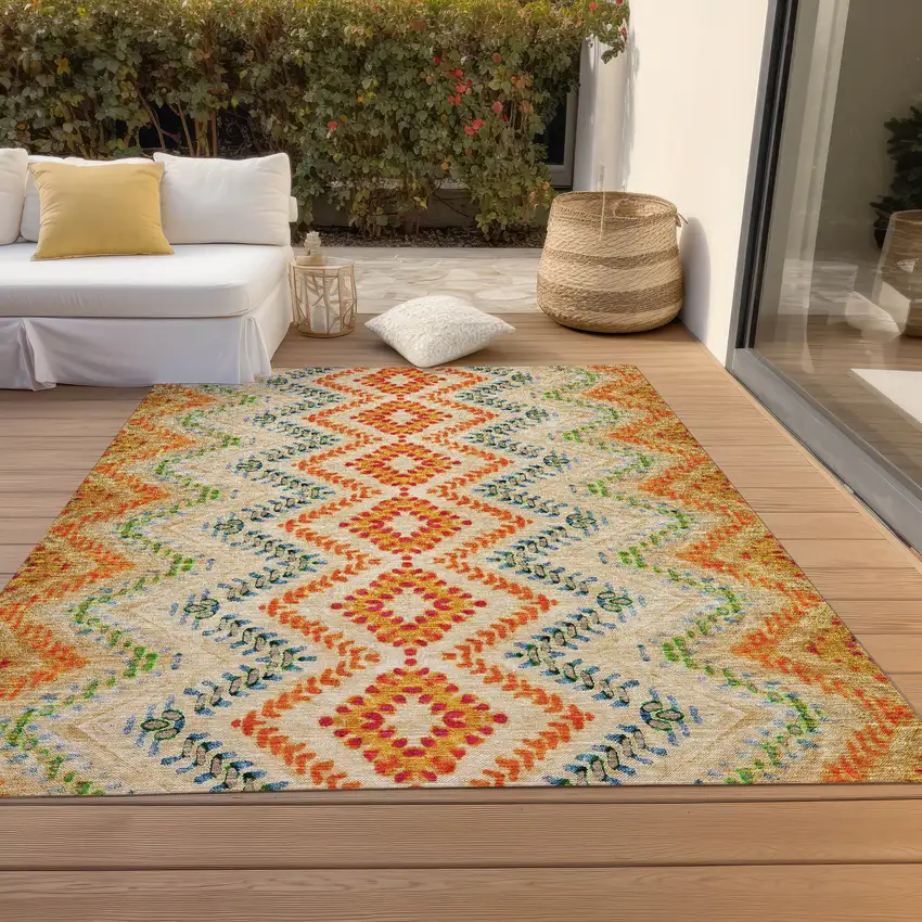 Beige Orange And Red Geometric Washable Indoor Outdoor Area Rug Photo 9