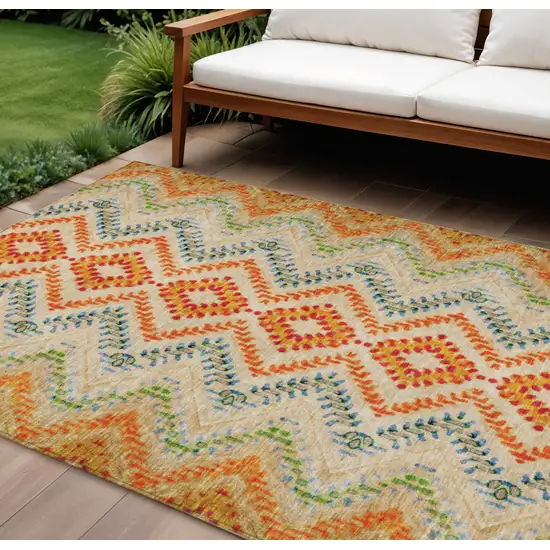 Beige Orange And Red Geometric Washable Indoor Outdoor Area Rug Photo 1