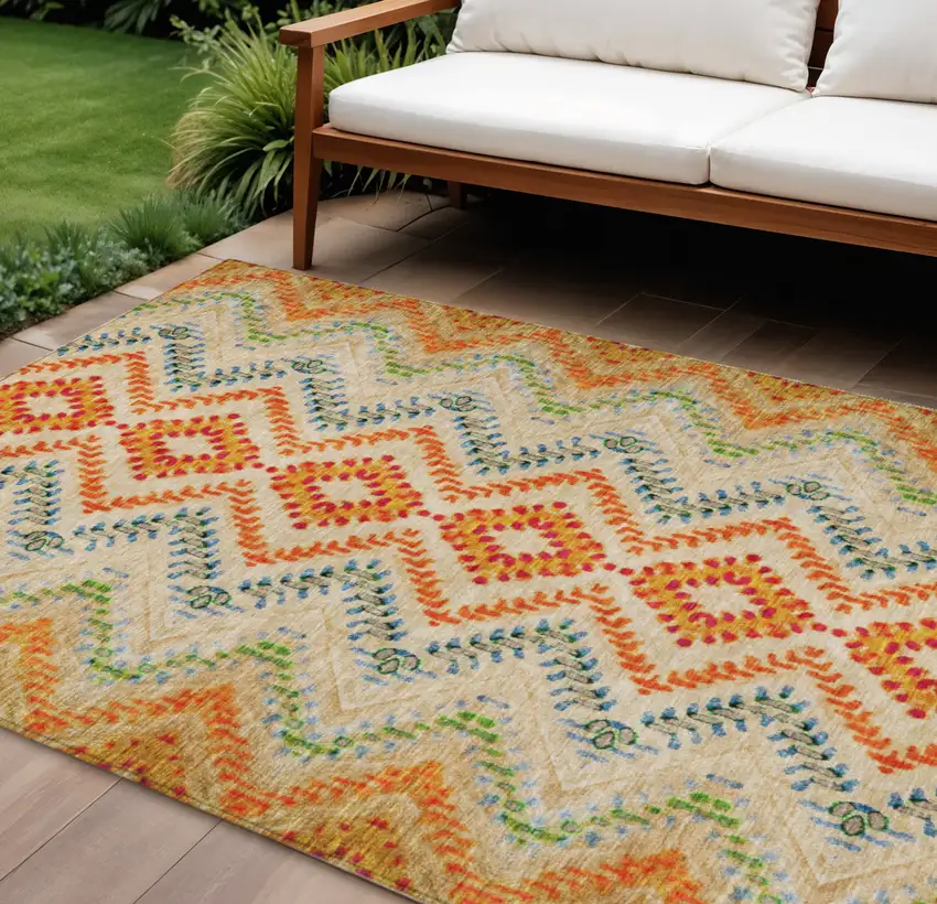 Beige Orange And Red Geometric Washable Indoor Outdoor Area Rug Photo 1