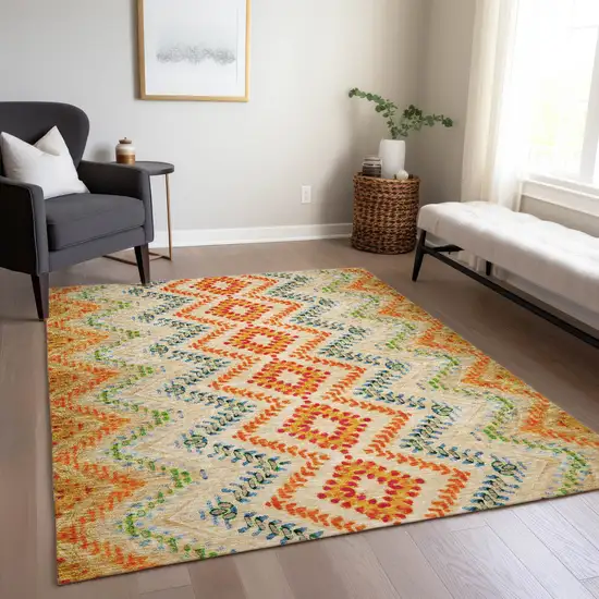 Beige Orange And Red Geometric Washable Indoor Outdoor Area Rug Photo 9