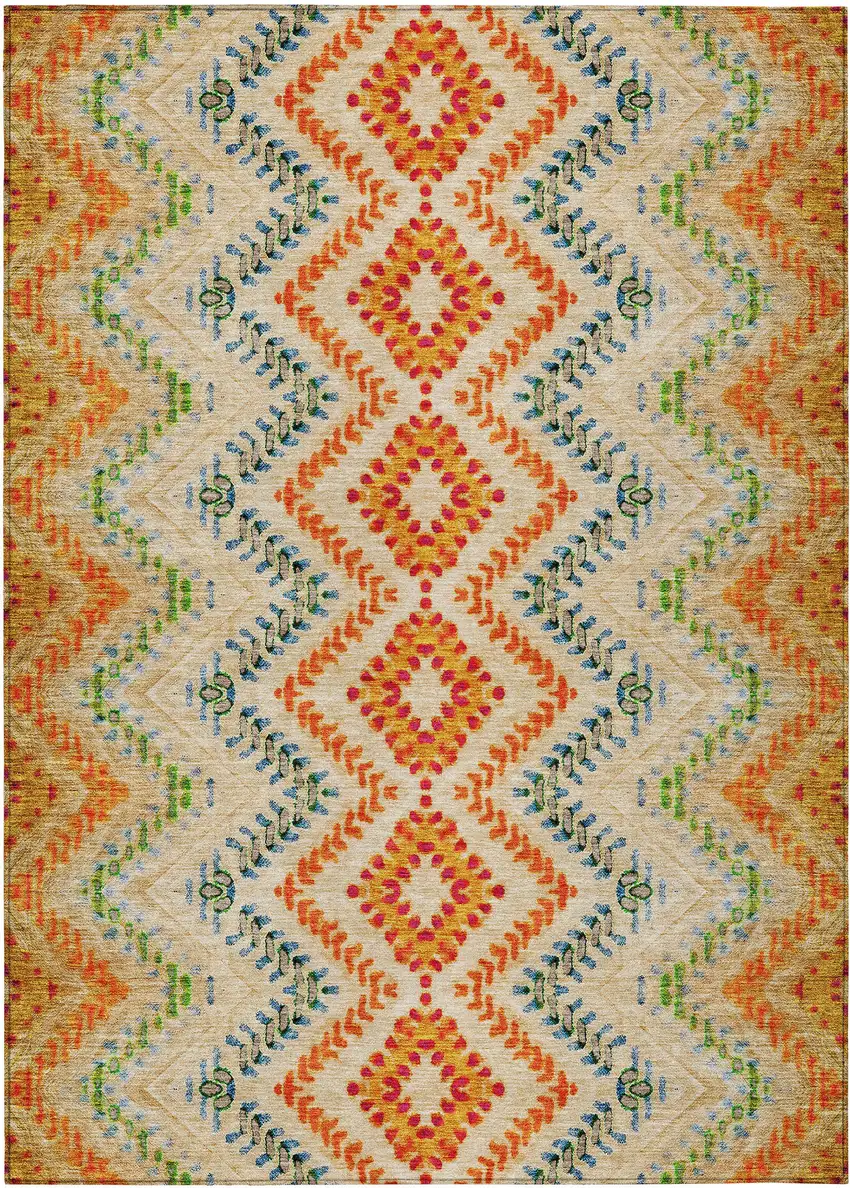 Beige Orange And Red Geometric Washable Indoor Outdoor Area Rug Photo 2