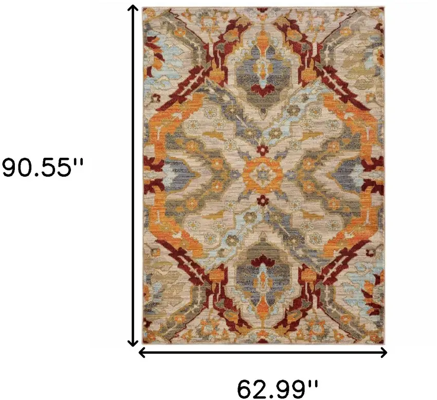 Beige Orange Blue Gold And Grey Abstract Power Loom Stain Resistant Area Rug Photo 5