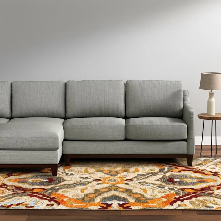 Beige Orange Blue Gold And Grey Abstract Power Loom Stain Resistant Area Rug Photo 5