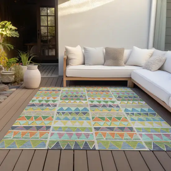 Beige Orange Lime Green And Teal Blue Geometric Washable Indoor Outdoor Area Rug Photo 7