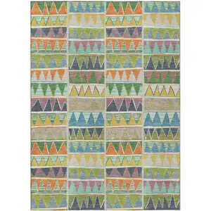 Photo of Beige Orange Lime Green And Teal Blue Geometric Washable Indoor Outdoor Area Rug