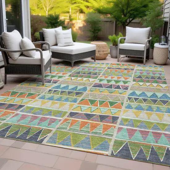 Beige Orange Lime Green And Teal Blue Geometric Washable Indoor Outdoor Area Rug Photo 7