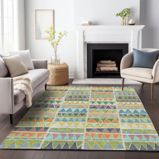Beige Orange Lime Green And Teal Blue Geometric Washable Indoor Outdoor Area Rug Photo 9