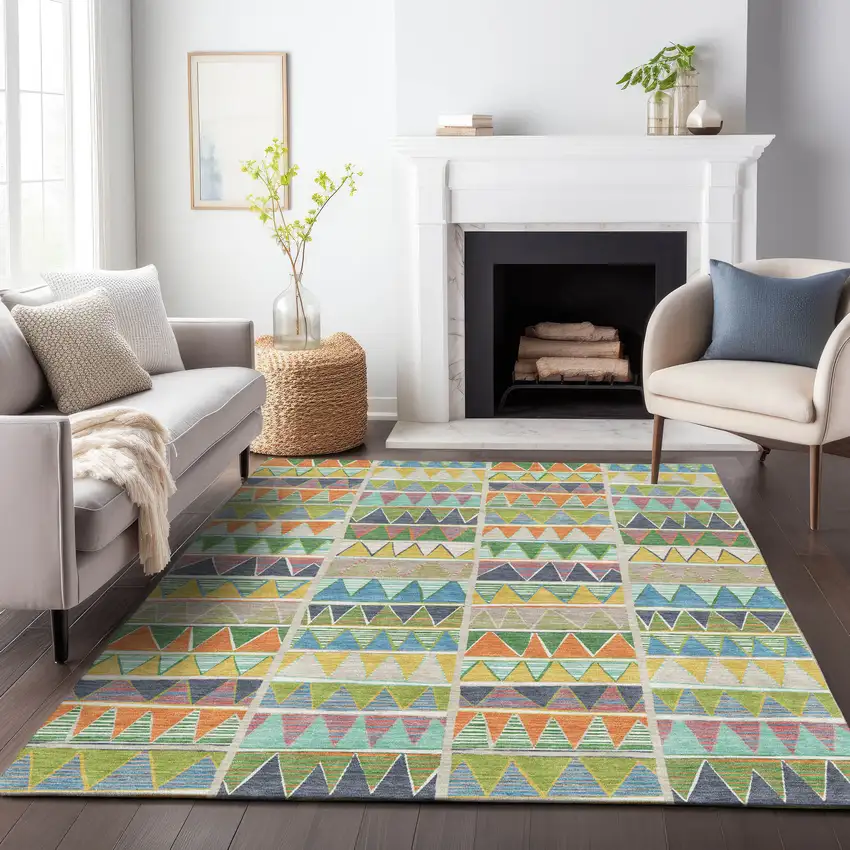 Beige Orange Lime Green And Teal Blue Geometric Washable Indoor Outdoor Area Rug Photo 9