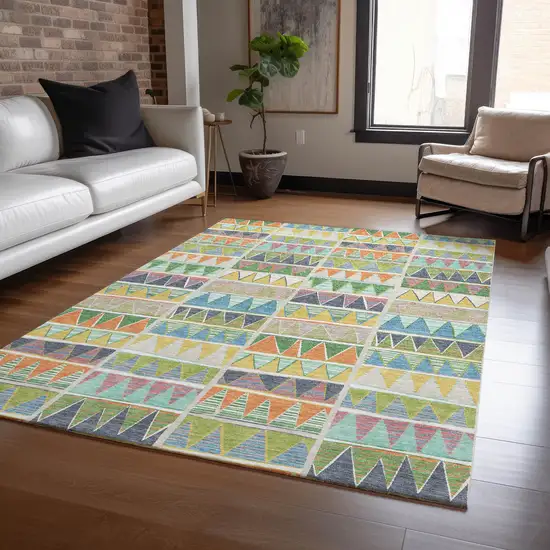Beige Orange Lime Green And Teal Blue Geometric Washable Indoor Outdoor Area Rug Photo 8