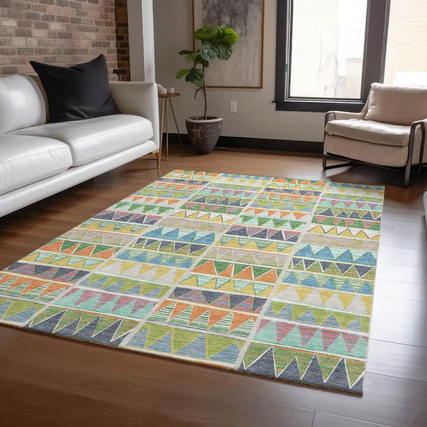 Beige Orange Lime Green And Teal Blue Geometric Washable Indoor Outdoor Area Rug Photo 8