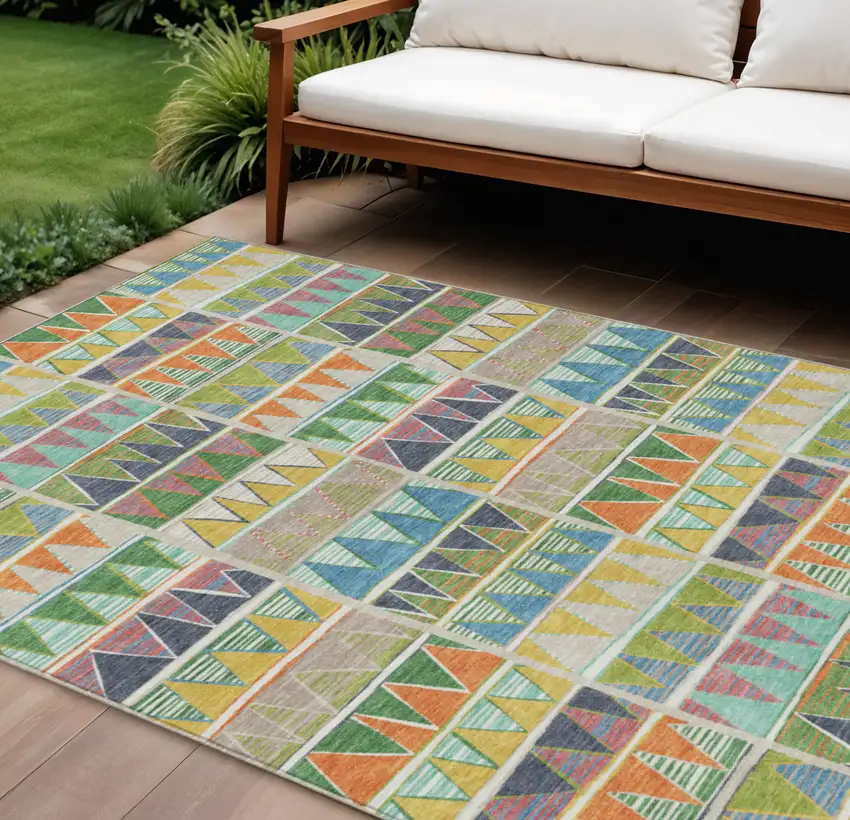 Beige Orange Lime Green And Teal Blue Geometric Washable Indoor Outdoor Area Rug Photo 2