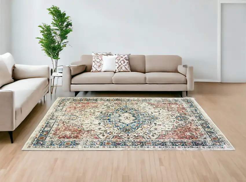 Beige Oriental Distressed Area Rug With Fringe Photo 3