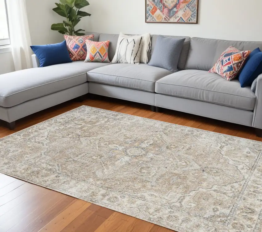 Beige Oriental Power Loom Area Rug Photo 1