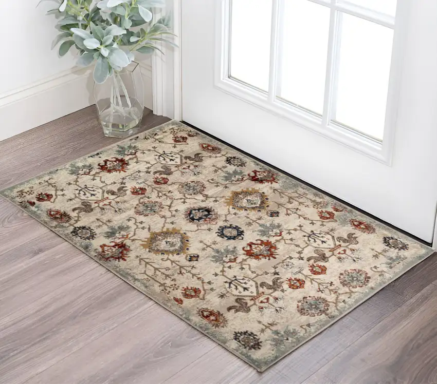 Beige Rust and Navy Oriental Power Loom Area Rug Photo 1