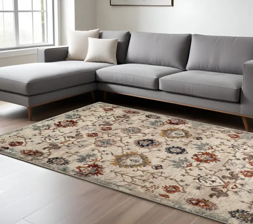 Beige Rust and Navy Oriental Power Loom Area Rug Photo 1