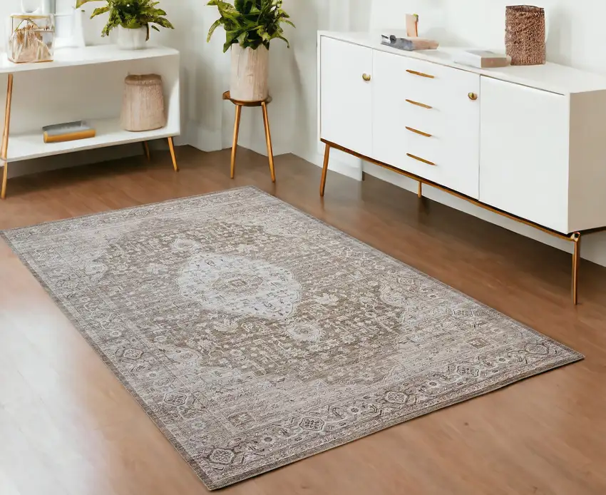 Beige Oriental Power Loom Distressed Area Rug Photo 1