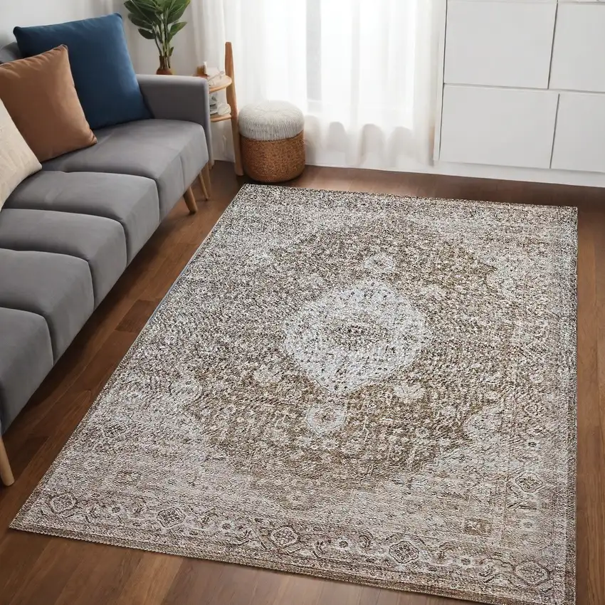 Beige Oriental Power Loom Distressed Stain Resistant Area Rug Photo 1