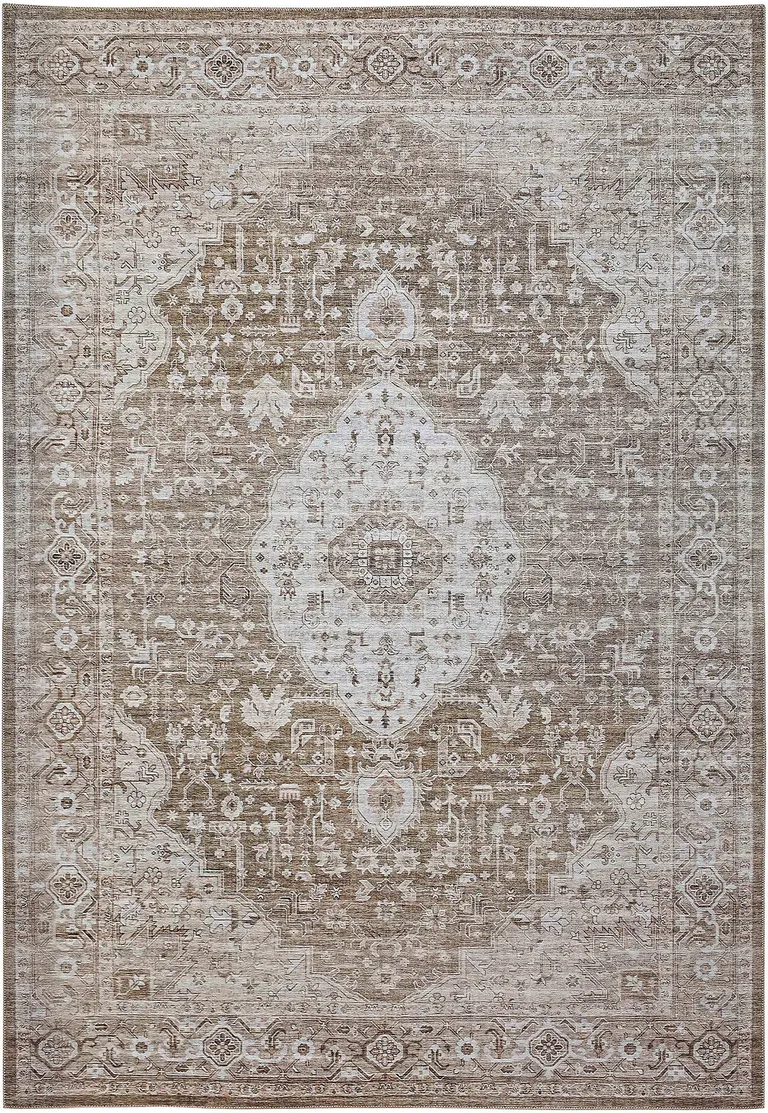 Beige Oriental Power Loom Distressed Stain Resistant Area Rug Photo 2