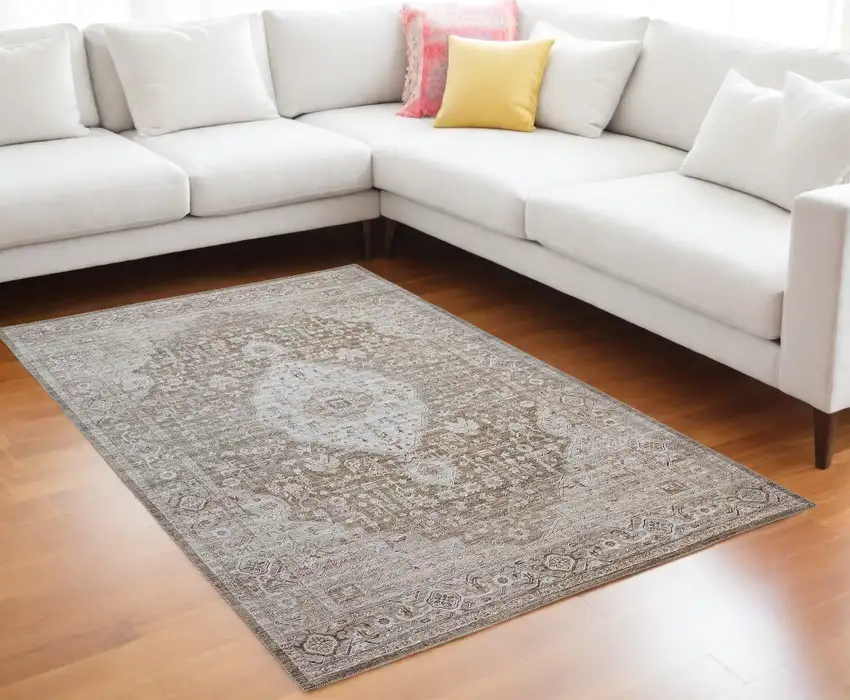 Beige Oriental Power Loom Distressed Stain Resistant Area Rug Photo 1